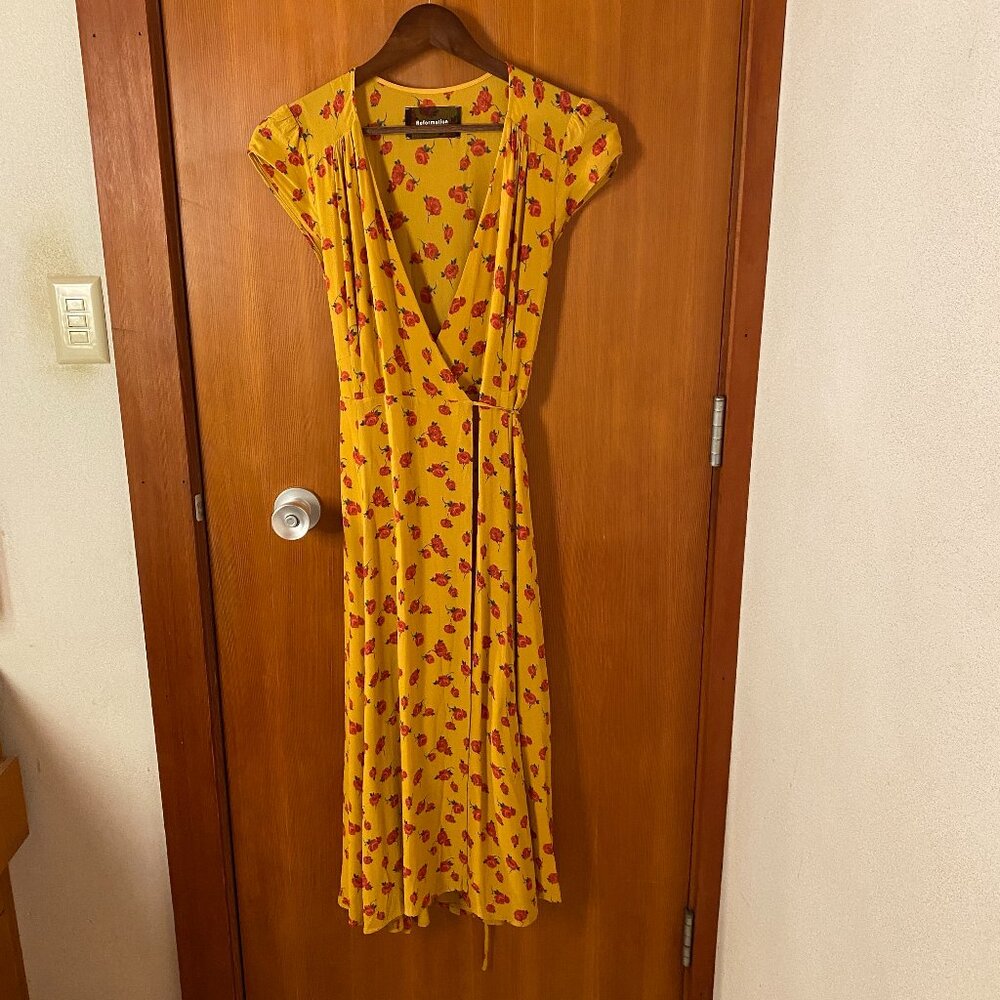 Reformation Yellow Floral Carina Wrap Dress EUC